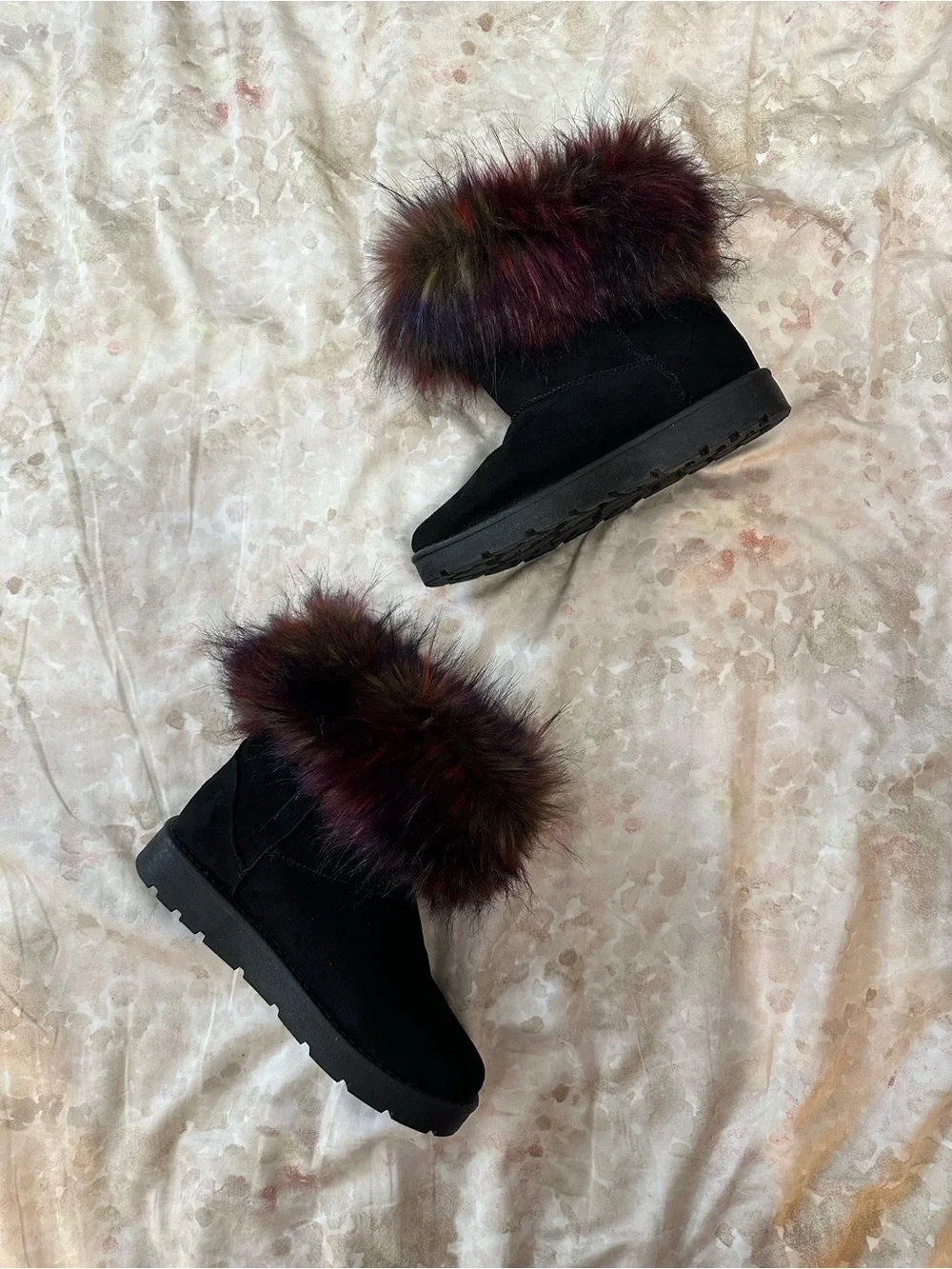 Dolls Kill Black Boots with Multicolor Faux Fur Cuff